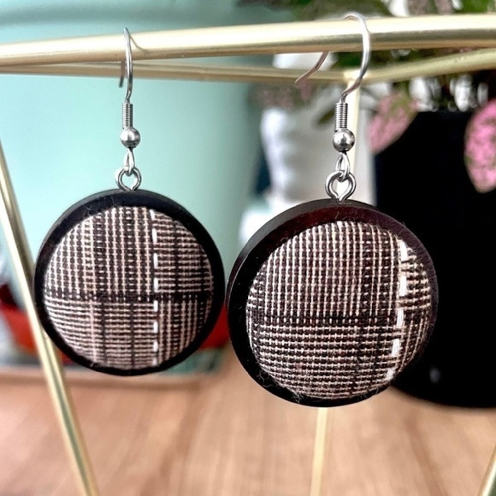 Handmade Chunky Retro Fabric Button Wood Earrings, 25mm, NWT